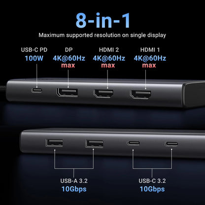 Hub USB-C UGREEN Revodok 308 CM639, 2 x USB-A 3.2 - 3 x USB-C - 1 x Display Port - 2 x HDMI, Γκρι