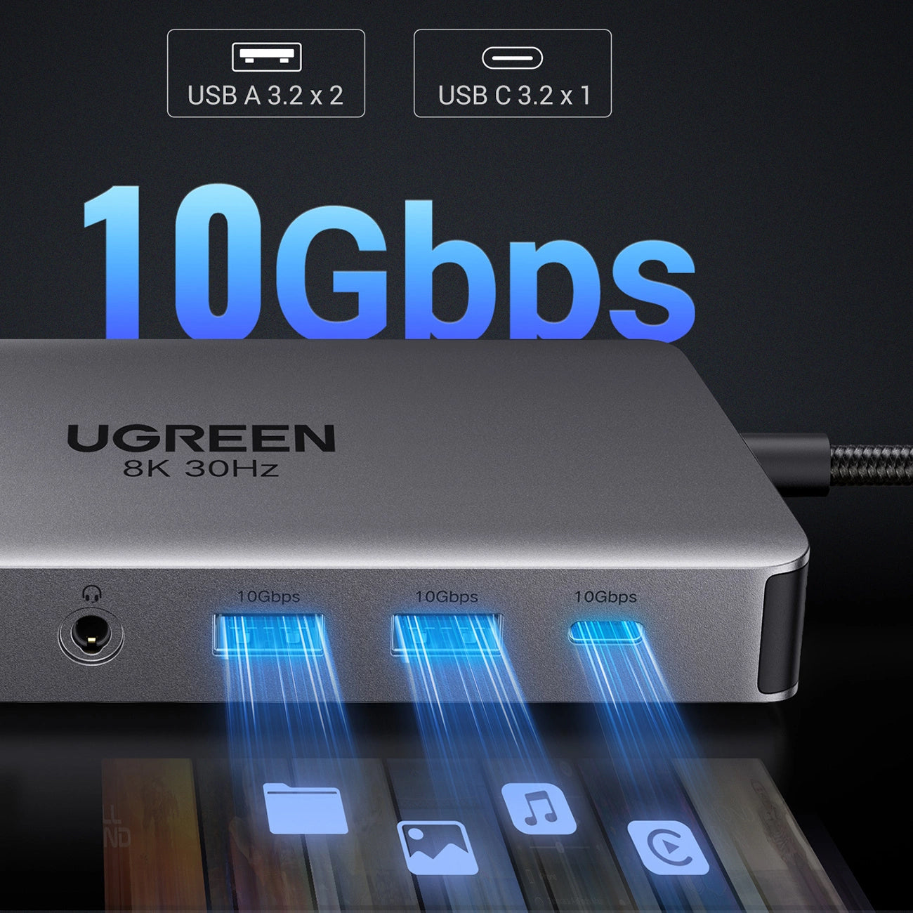 Hub USB-C UGREEN Revodok Pro 313 CM681, 2 x USB-A 3.2 - 1 x USB-A 3.0 - 2 x USB-C - 2 x HDMI - 1 x Jack 3.5mm - 1 x RJ45 - 1 x SD - 1 x microSD, Γκρι