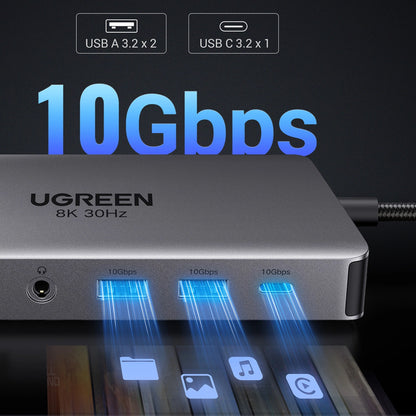 Hub USB-C UGREEN Revodok Pro 313 CM681, 2 x USB-A 3.2 - 1 x USB-A 3.0 - 2 x USB-C - 2 x HDMI - 1 x Jack 3.5mm - 1 x RJ45 - 1 x SD - 1 x microSD, Γκρι