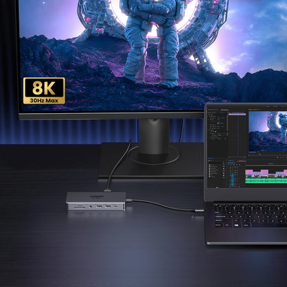 Hub USB-C UGREEN Revodok Pro 313 CM681, 2 x USB-A 3.2 - 1 x USB-A 3.0 - 2 x USB-C - 2 x HDMI - 1 x Jack 3.5mm - 1 x RJ45 - 1 x SD - 1 x microSD, Γκρι