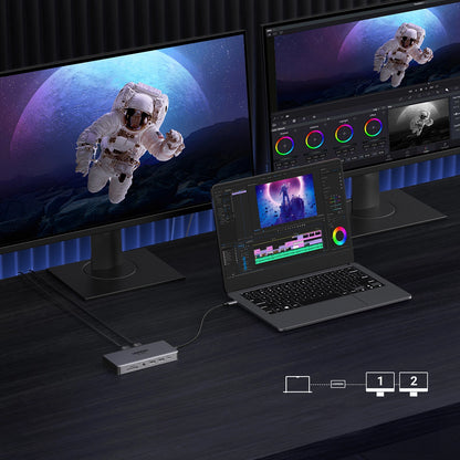 Hub USB-C UGREEN Revodok Pro 313 CM681, 2 x USB-A 3.2 - 1 x USB-A 3.0 - 2 x USB-C - 2 x HDMI - 1 x Jack 3.5mm - 1 x RJ45 - 1 x SD - 1 x microSD, Γκρι