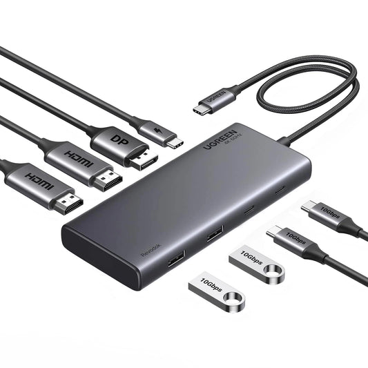 UGREEN Revodok 308 CM639 USB-C Hub, 2 x USB-A 3.2 - 3 x USB-C - 1 x Display Port - 2 x HDMI, Gray