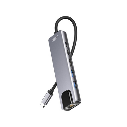 Hub USB-C XO Design HUB013, 1 x USB-A - 1 x USB-A 3.0 - 2 x USB-C - 1 x HDMI - 1 x RJ45, Γκρι