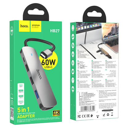 HOCO HB27 USB-C Hub, USB-A 3.0 - 2 x USB-A - USB-C - HDMI, Gray