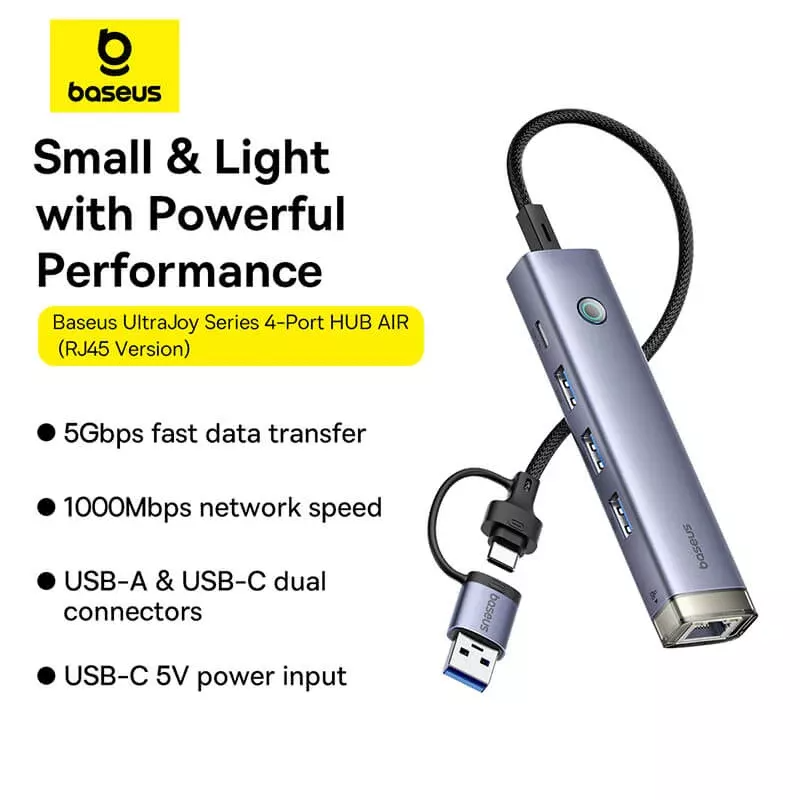 Hub USB / USB-C Baseus UltraJoy, 3 x USB-A 3.0 - 1 x USB-C - 1 x RJ45, Γκρι B0005280B811-14