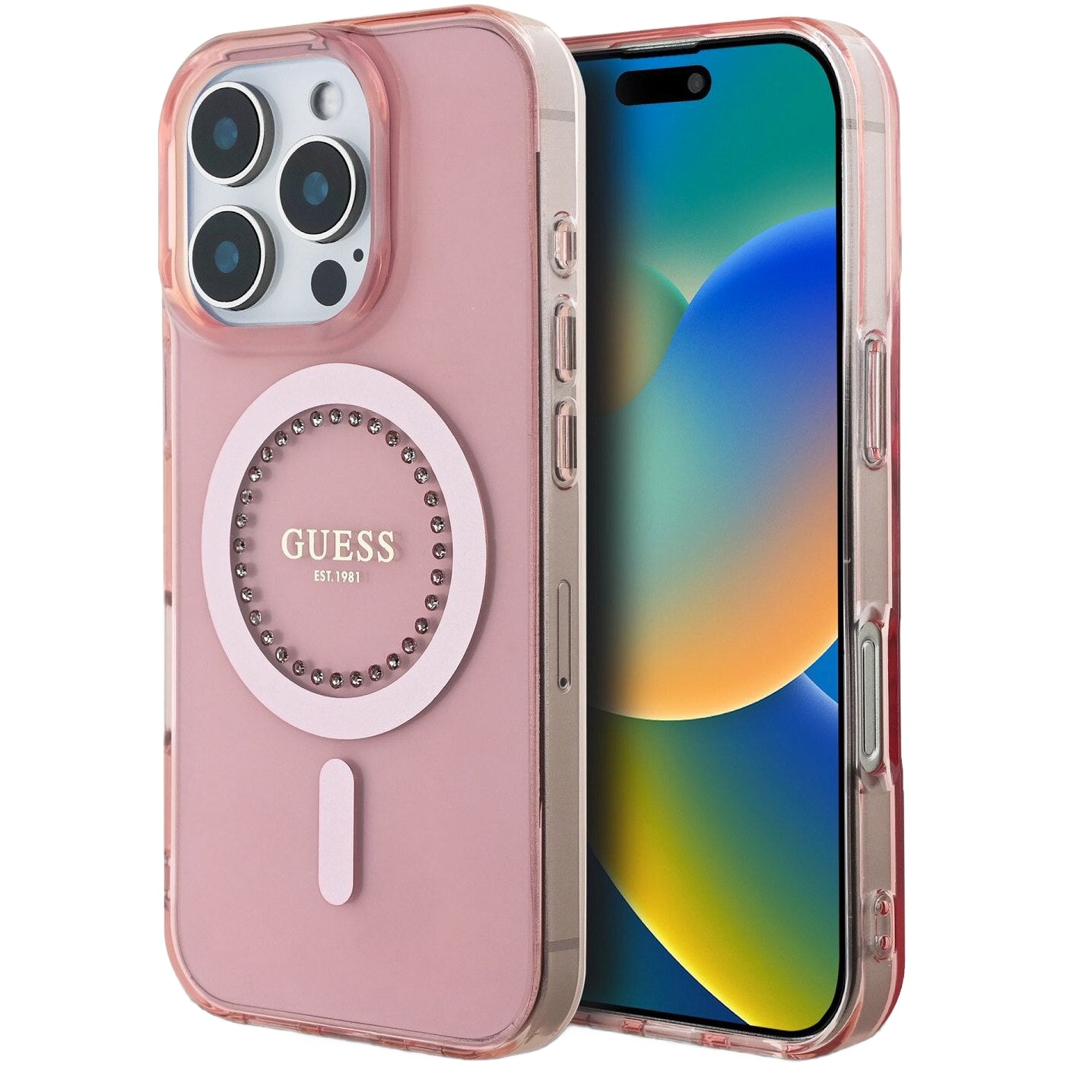 Θήκη MagSafe για Apple iPhone 16 Pro Max, Guess, IML Rhinestones Ring, Ροζ GUHMP16XPFTDTEP