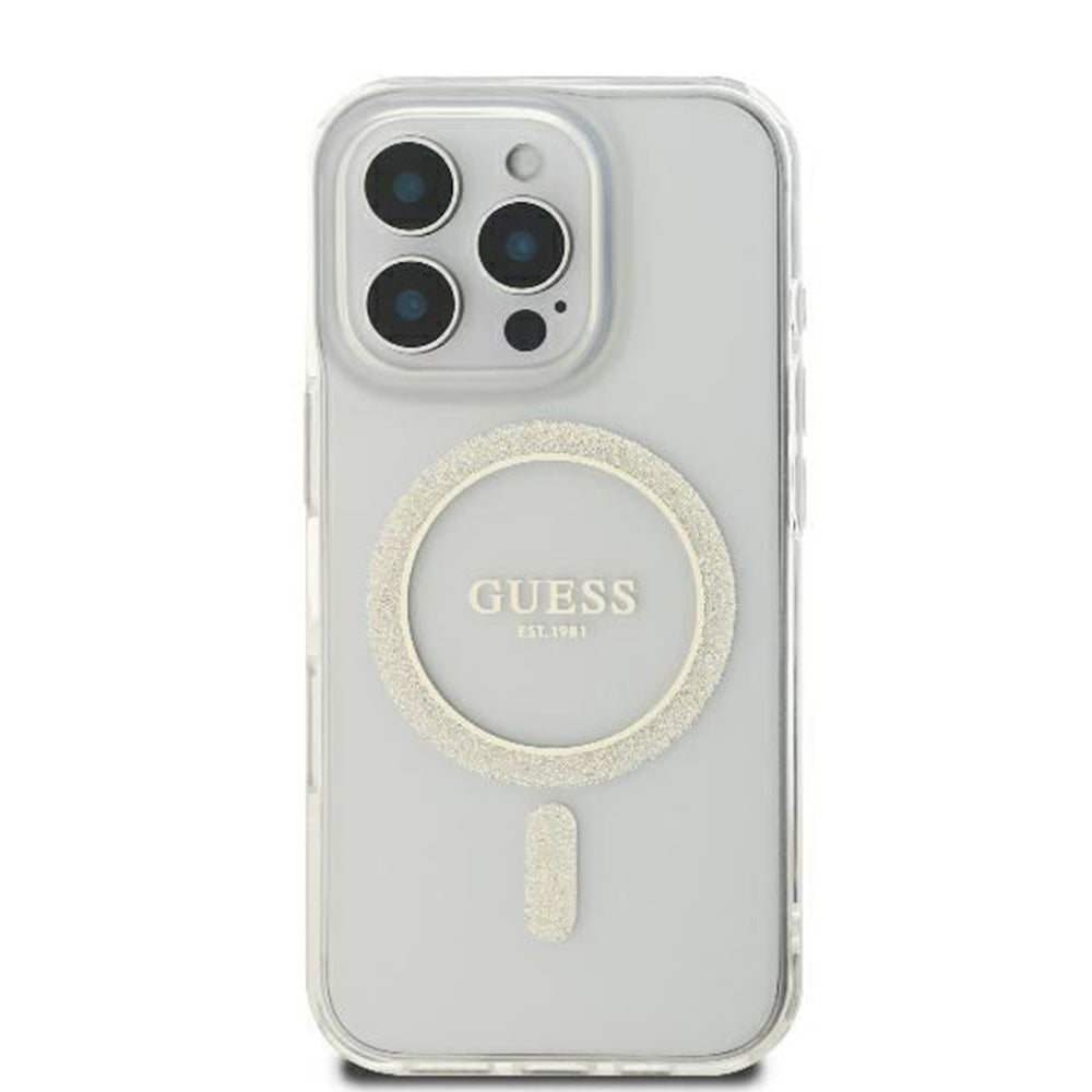 Θήκη MagSafe για Apple iPhone 16 Pro, Guess, IML Glitter Ring, Διάφανη GUHMP16LHFGERET