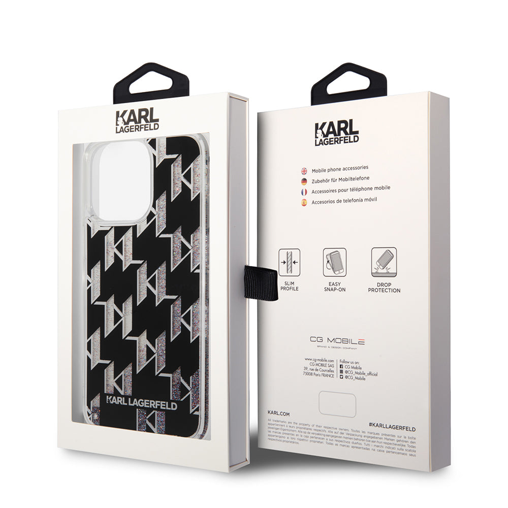 MagSafe Case for Apple iPhone 14 Pro Max, Karl Lagerfeld, Monogram Liquid Glitter, Black