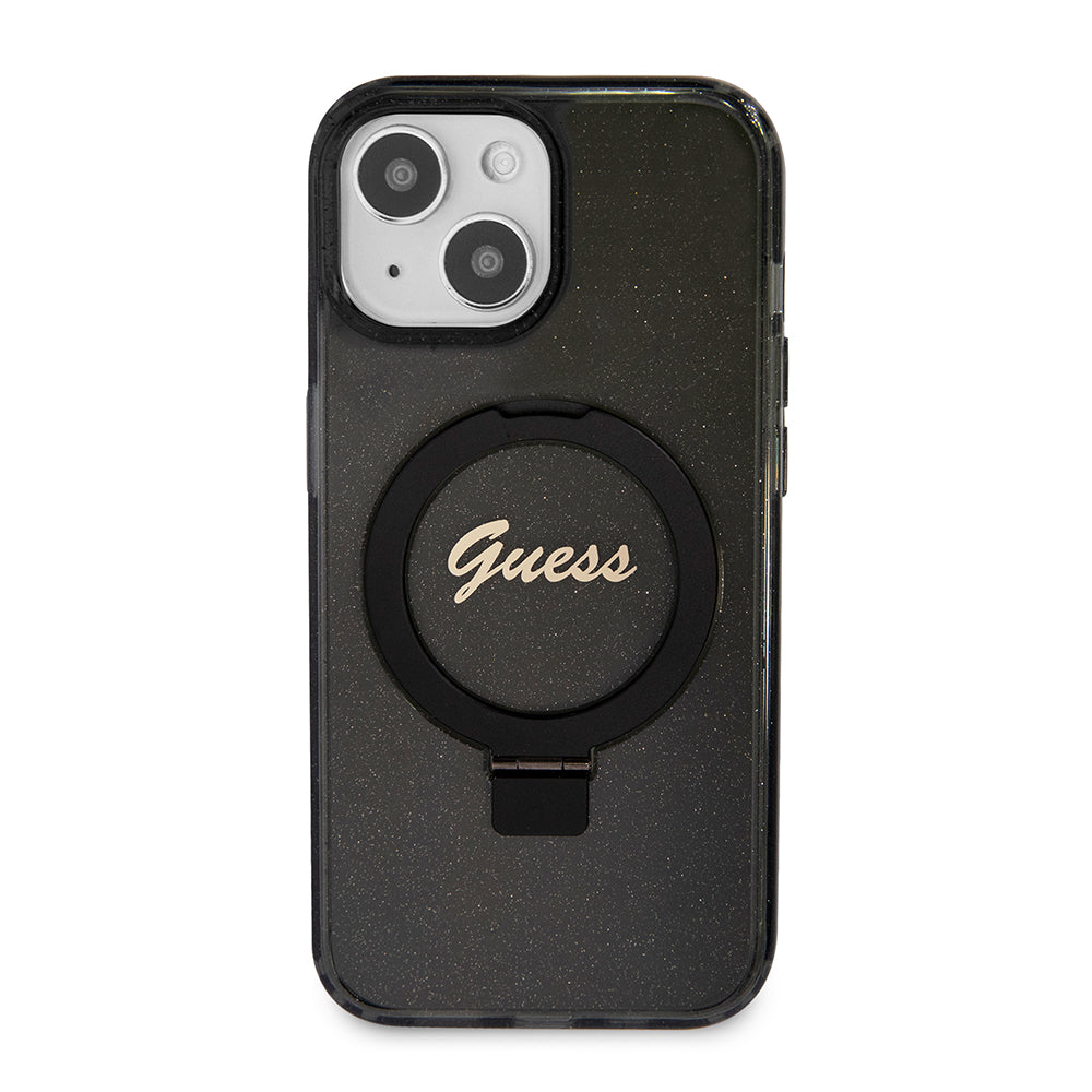 Θήκη MagSafe για Apple iPhone 15, Guess, Ring Stand Script Glitter, Μαύρη