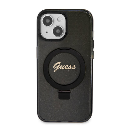 Θήκη MagSafe για Apple iPhone 15, Guess, Ring Stand Script Glitter, Μαύρη
