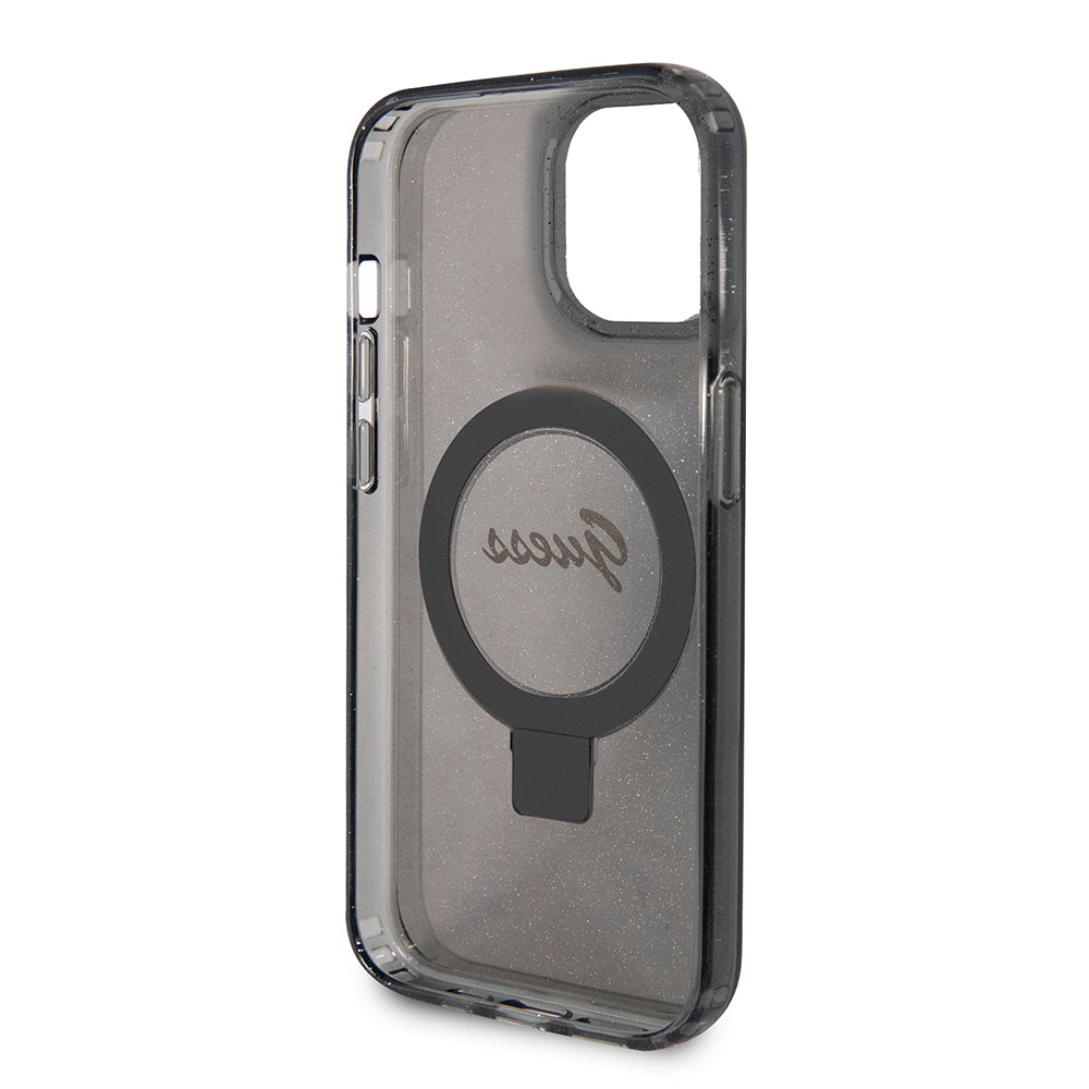 Θήκη MagSafe για Apple iPhone 15, Guess, Ring Stand Script Glitter, Μαύρη
