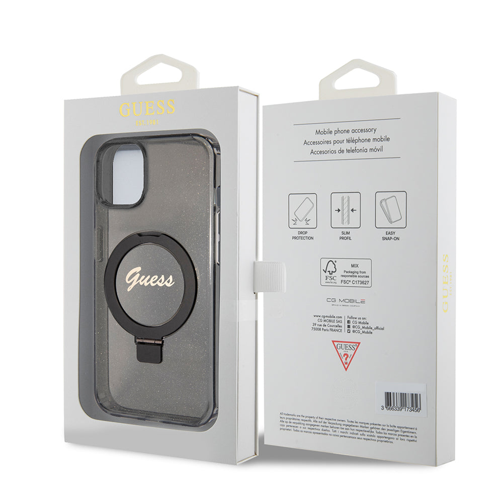 Θήκη MagSafe για Apple iPhone 15, Guess, Ring Stand Script Glitter, Μαύρη