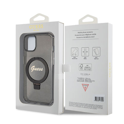 Θήκη MagSafe για Apple iPhone 15, Guess, Ring Stand Script Glitter, Μαύρη