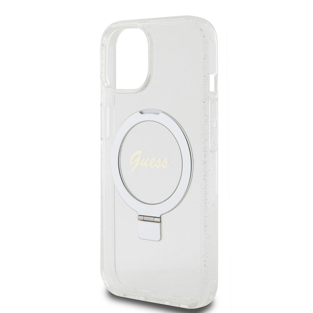 Θήκη MagSafe για Apple iPhone 15, Guess, Ring Stand Script Glitter, Διαφανής