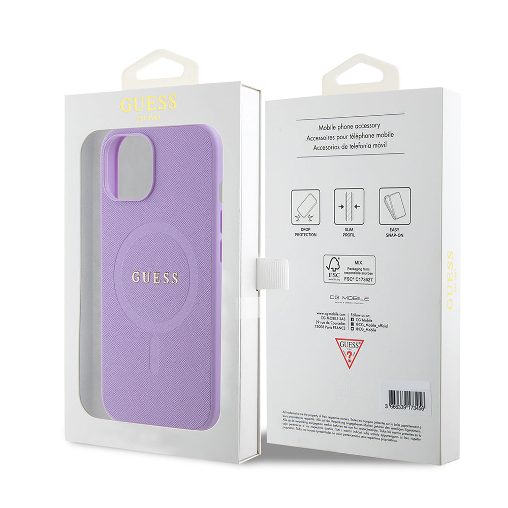 Θήκη MagSafe για Apple iPhone 15, Guess, Saffiano, Μωβ