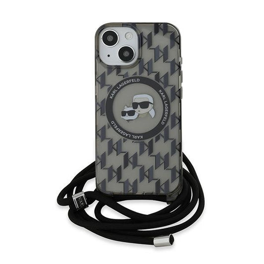 MagSafe Case for Apple iPhone 15, Karl Lagerfeld, IML Crossbody Monogram Karl & Choupette's Heads, Black