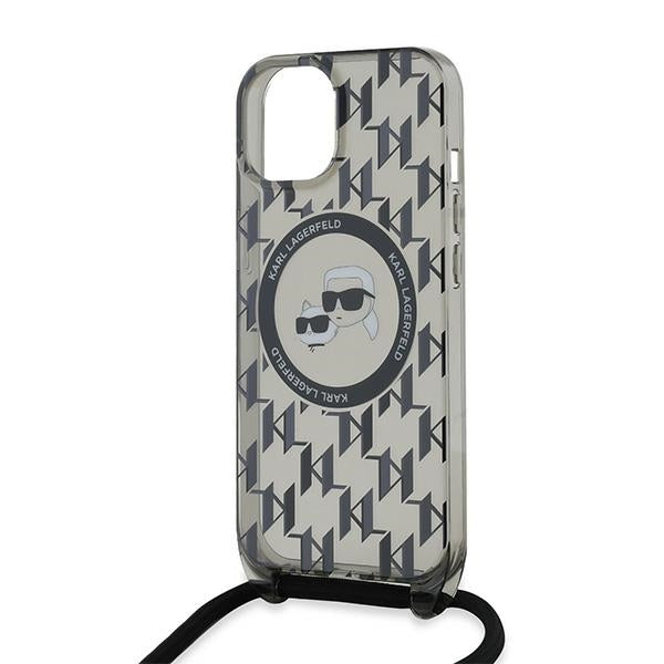 MagSafe Case for Apple iPhone 15, Karl Lagerfeld, IML Crossbody Monogram Karl & Choupette's Heads, Black