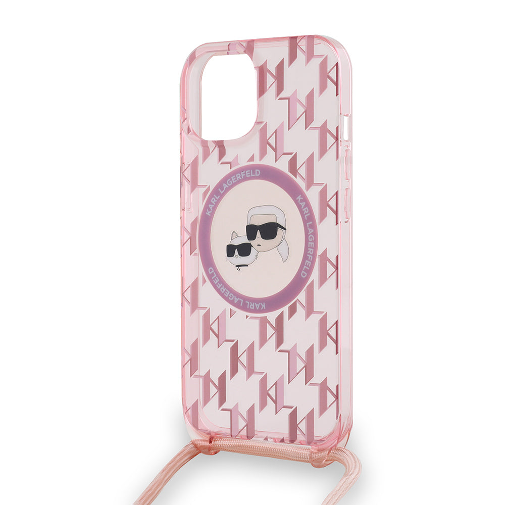 Θήκη MagSafe για Apple iPhone 15, Karl Lagerfeld, IML Crossbody Monogram Karl & Choupette's Heads, Ροζ