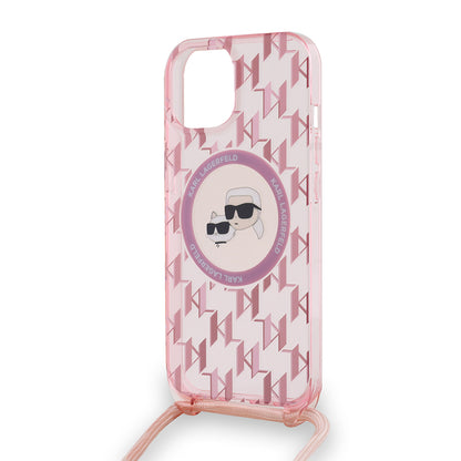 Θήκη MagSafe για Apple iPhone 15, Karl Lagerfeld, IML Crossbody Monogram Karl & Choupette's Heads, Ροζ
