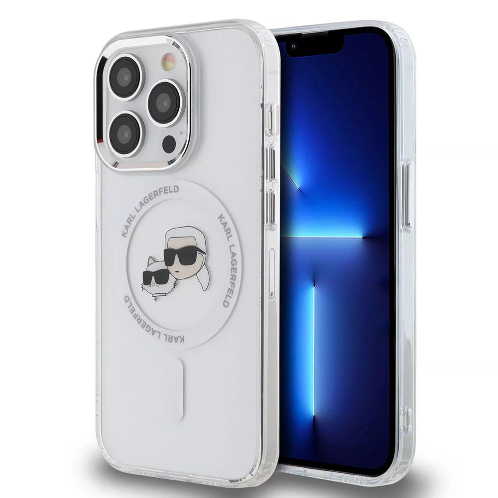 Θήκη MagSafe για Apple iPhone 15, Karl Lagerfeld, IML Metal Karl & Choupette's Heads, Διάφανη
