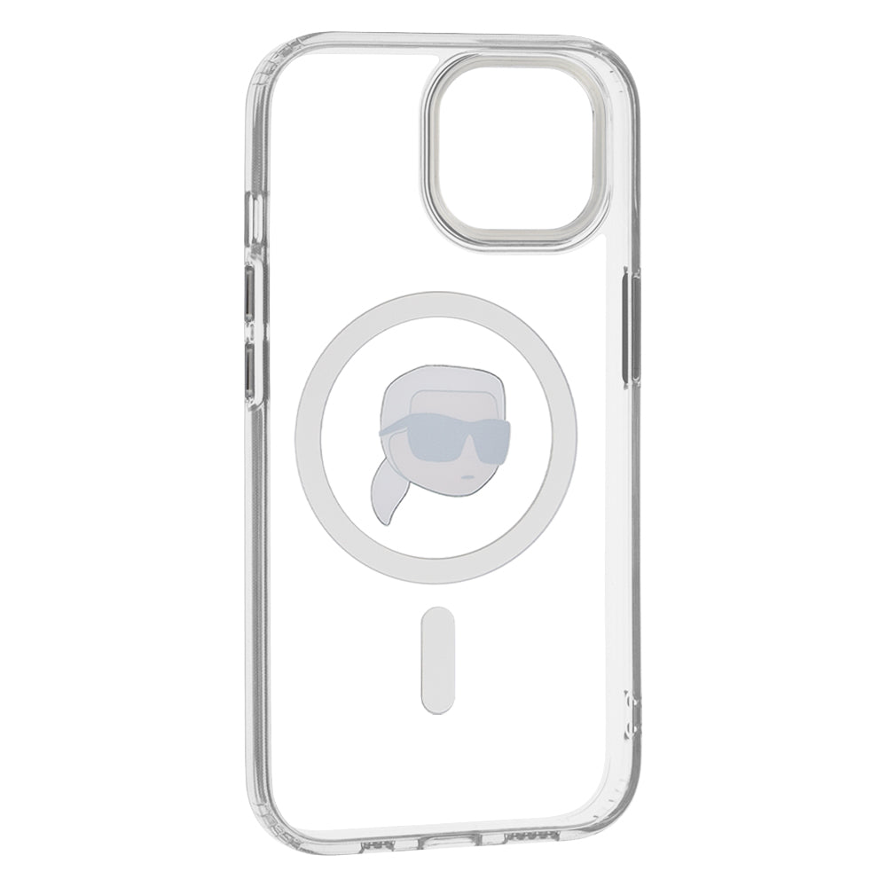 MagSafe Case for Apple iPhone 15 Plus, Karl Lagerfeld, IML Metal Karl's Head, White