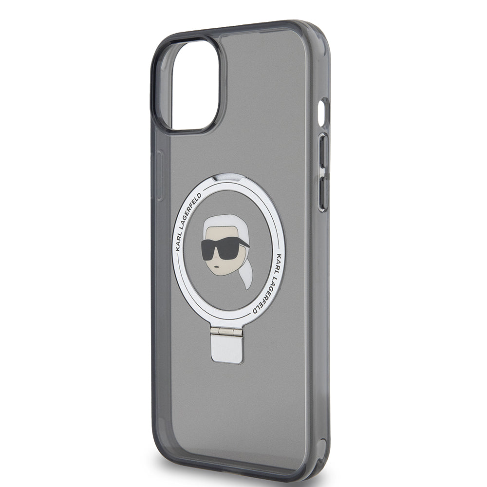 MagSafe Case for Apple iPhone 15 Plus, Karl Lagerfeld, Ring Stand Karl's Head, Black