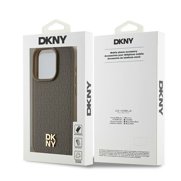 MagSafe Case for Apple iPhone 15 Pro, DKNY, Monogram Pattern Metal Logo, Brown