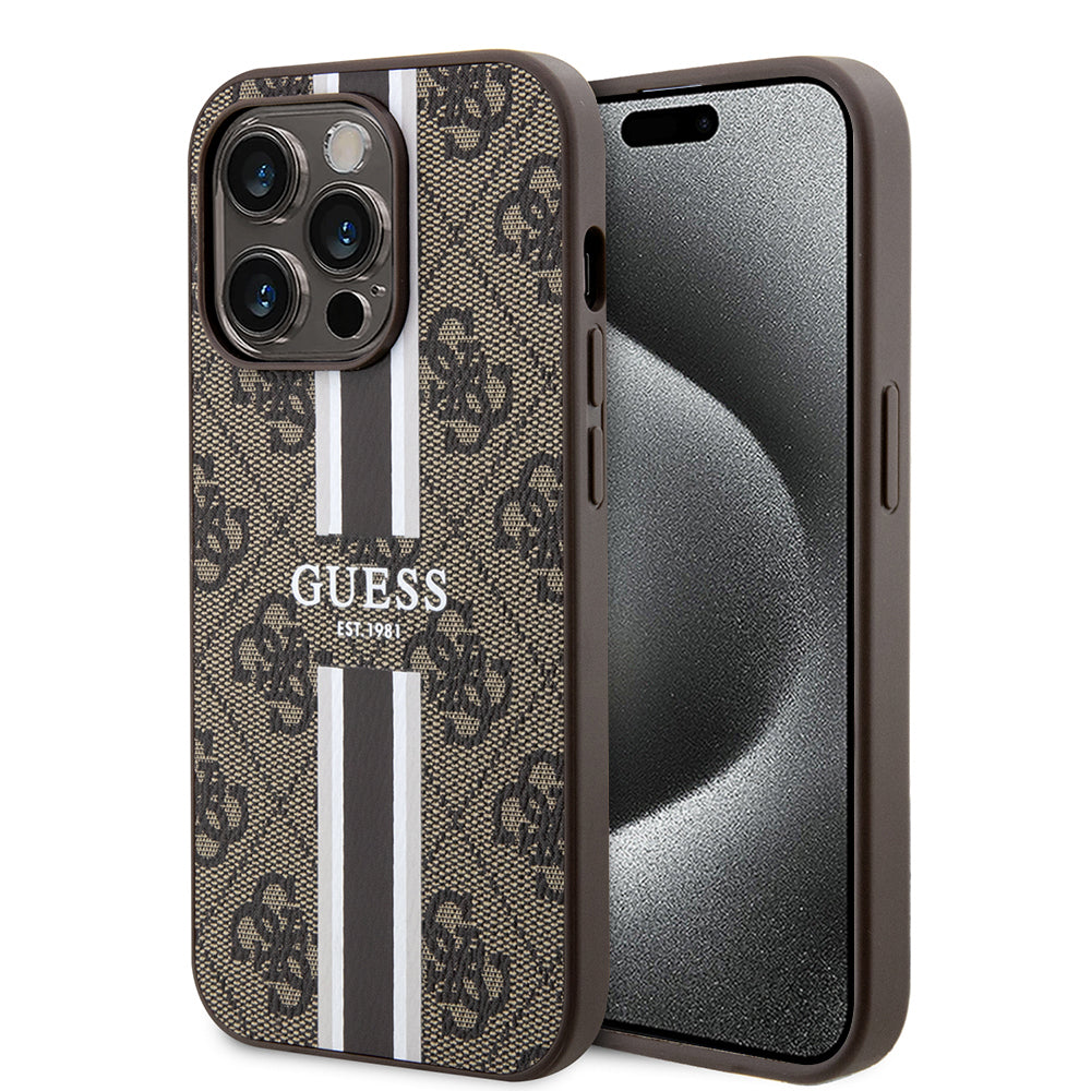 Θήκη MagSafe για Apple iPhone 15 Pro, Guess, 4G Printed Stripes, Καφέ