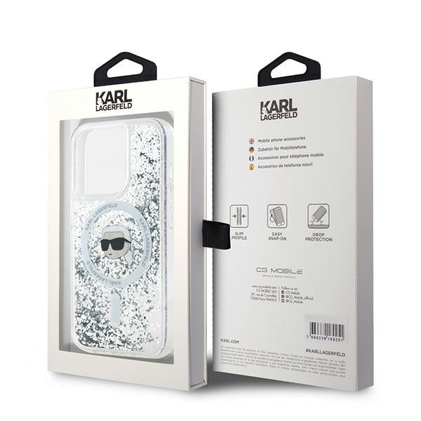 MagSafe Case for Apple iPhone 15 Pro, Karl Lagerfeld, Liquid Glitter Karl's Head, Transparent
