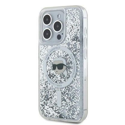 MagSafe Case for Apple iPhone 15 Pro, Karl Lagerfeld, Liquid Glitter Karl's Head, Transparent
