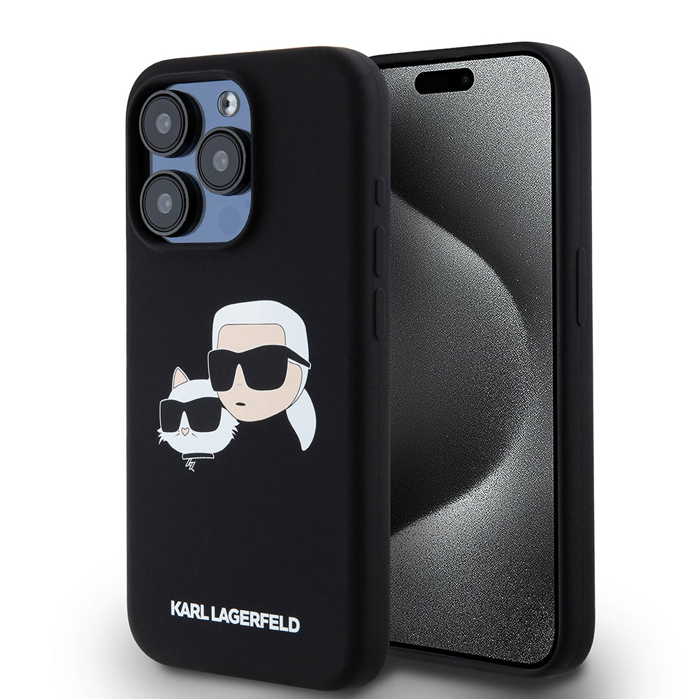 Θήκη MagSafe για Apple iPhone 15 Pro, Karl Lagerfeld, Σιλικόνη Karl & Choupette's Heads, Μαύρη