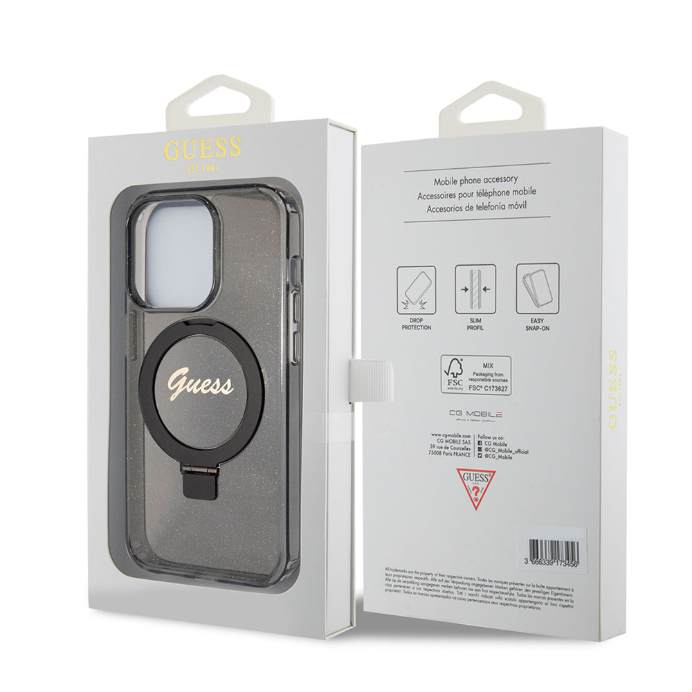 Θήκη MagSafe για Apple iPhone 15 Pro Max, Guess, IML Ring Stand Glitter, Μαύρη