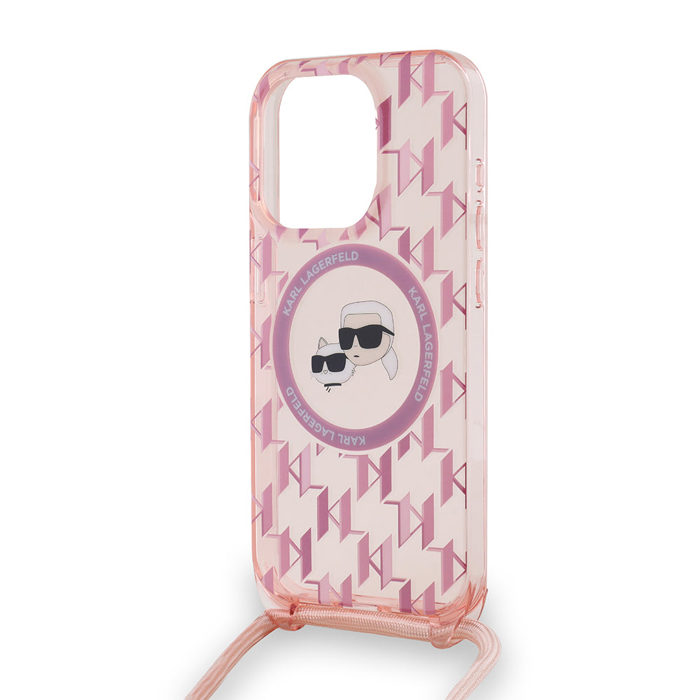 MagSafe Case for Apple iPhone 15 Pro Max, Karl Lagerfeld, IML Crossbody Monogram Karl & Choupette's Heads, Pink