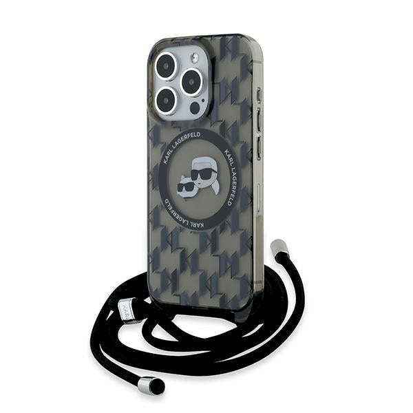 Θήκη MagSafe για Apple iPhone 15 Pro Max, Karl Lagerfeld, IML Crossbody Monogram Karl & Choupette's Heads, Μαύρη