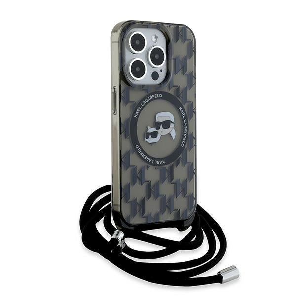 Θήκη MagSafe για Apple iPhone 15 Pro Max, Karl Lagerfeld, IML Crossbody Monogram Karl & Choupette's Heads, Μαύρη