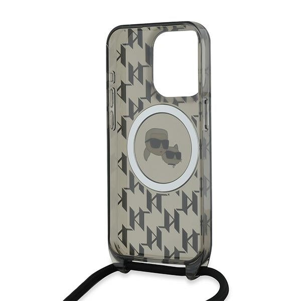 Θήκη MagSafe για Apple iPhone 15 Pro Max, Karl Lagerfeld, IML Crossbody Monogram Karl & Choupette's Heads, Μαύρη