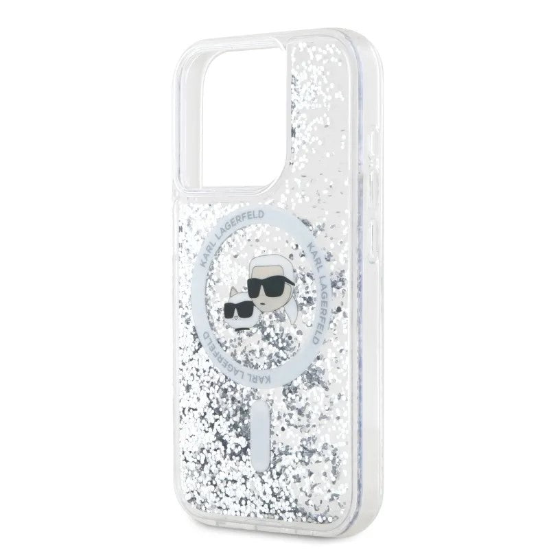 MagSafe Case for Apple iPhone 15 Pro Max, Karl Lagerfeld, Liquid Glitter Karl & Choupette's Heads, Transparent