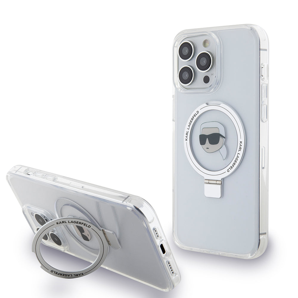 Θήκη MagSafe για Apple iPhone 15 Pro Max, Karl Lagerfeld, Ring Stand Karl's Head, Λευκή