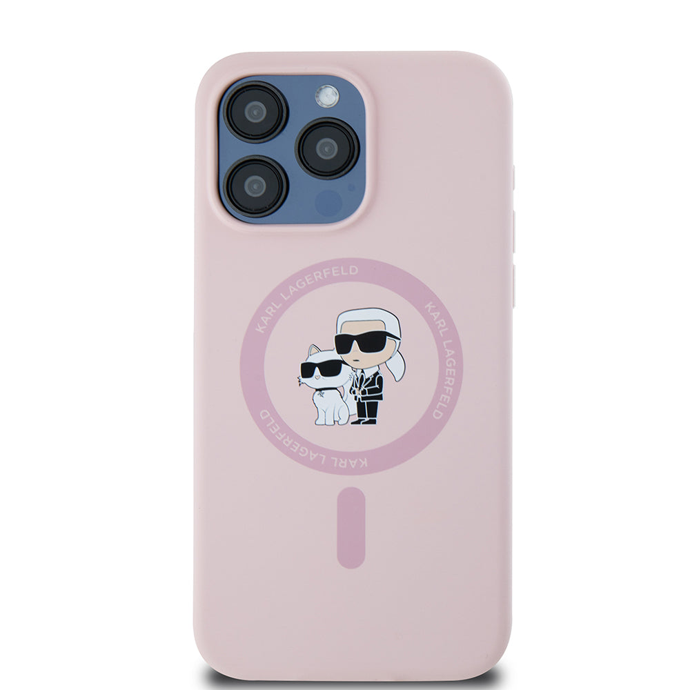 Θήκη MagSafe για Apple iPhone 15 Pro Max, Karl Lagerfeld, Silicone Ring Karl & Choupette, Ροζ