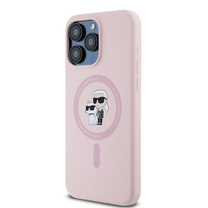 Θήκη MagSafe για Apple iPhone 15 Pro Max, Karl Lagerfeld, Silicone Ring Karl & Choupette, Ροζ