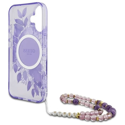 MagSafe Case for Apple iPhone 16, Guess, IML Flowers with Pearl Strap, Purple