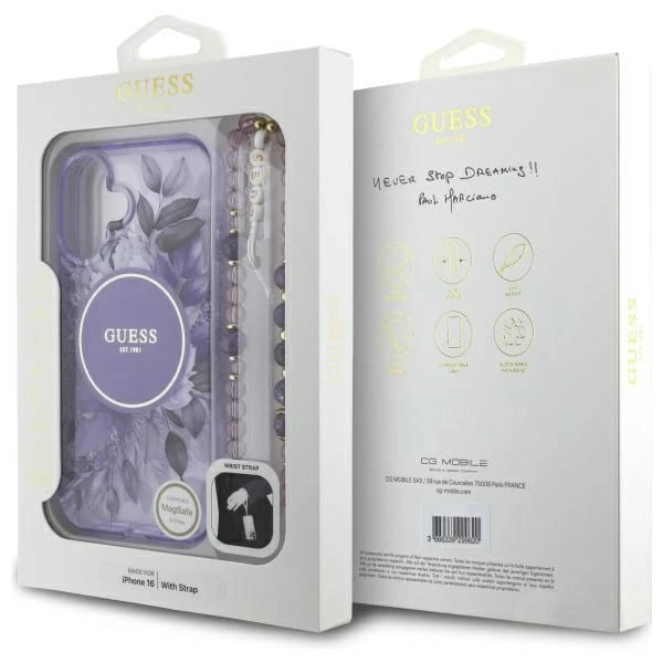 MagSafe Case for Apple iPhone 16, Guess, IML Flowers with Pearl Strap, Purple