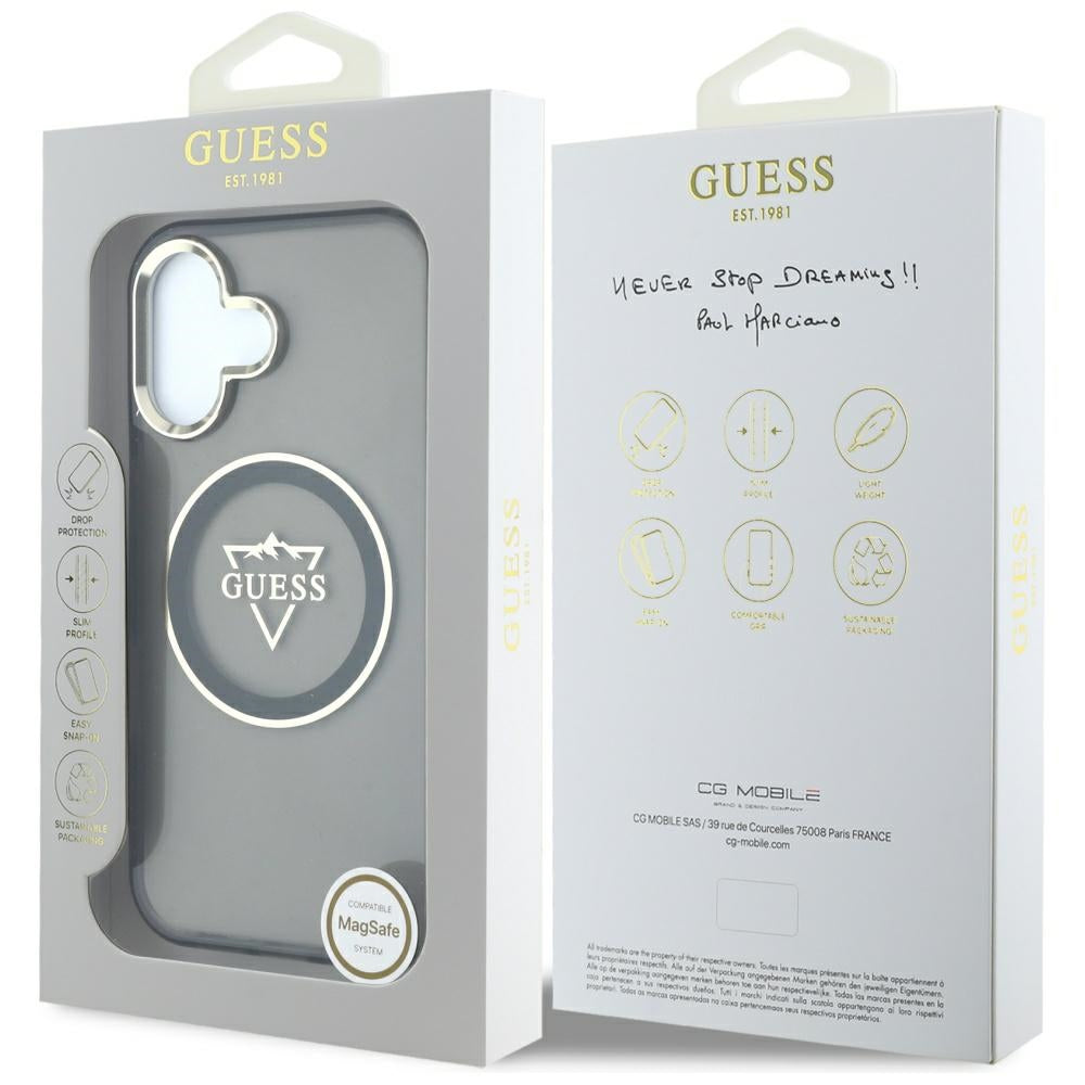 Θήκη MagSafe για Apple iPhone 16, Guess, IML Metal Mountain Logo, Μαύρη