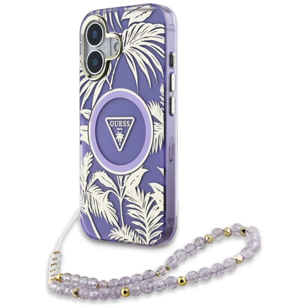 Θήκη MagSafe για Apple iPhone 16, Guess, IML Palm Trees Triangle με Pearl Strap, Μωβ
