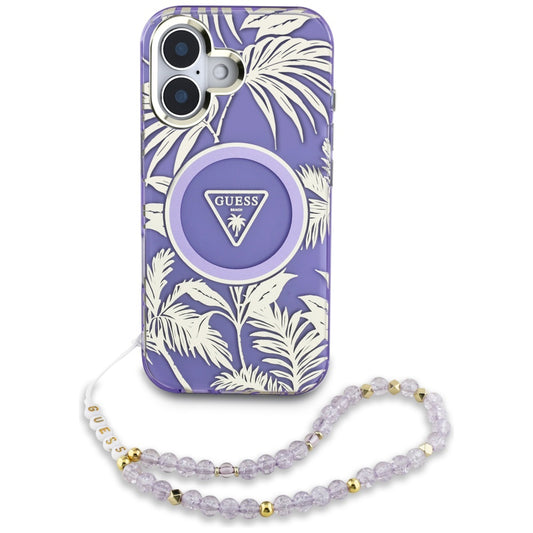 Θήκη MagSafe για Apple iPhone 16, Guess, IML Palm Trees Triangle με Pearl Strap, Μωβ