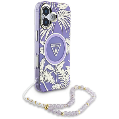 Θήκη MagSafe για Apple iPhone 16, Guess, IML Palm Trees Triangle με Pearl Strap, Μωβ