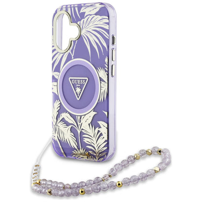 Θήκη MagSafe για Apple iPhone 16, Guess, IML Palm Trees Triangle με Pearl Strap, Μωβ