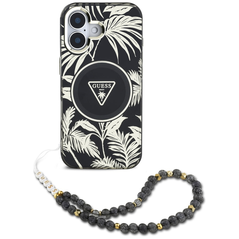 Θήκη MagSafe για Apple iPhone 16, Guess, IML Palm Trees Triangle με Pearl Strap, Μαύρη