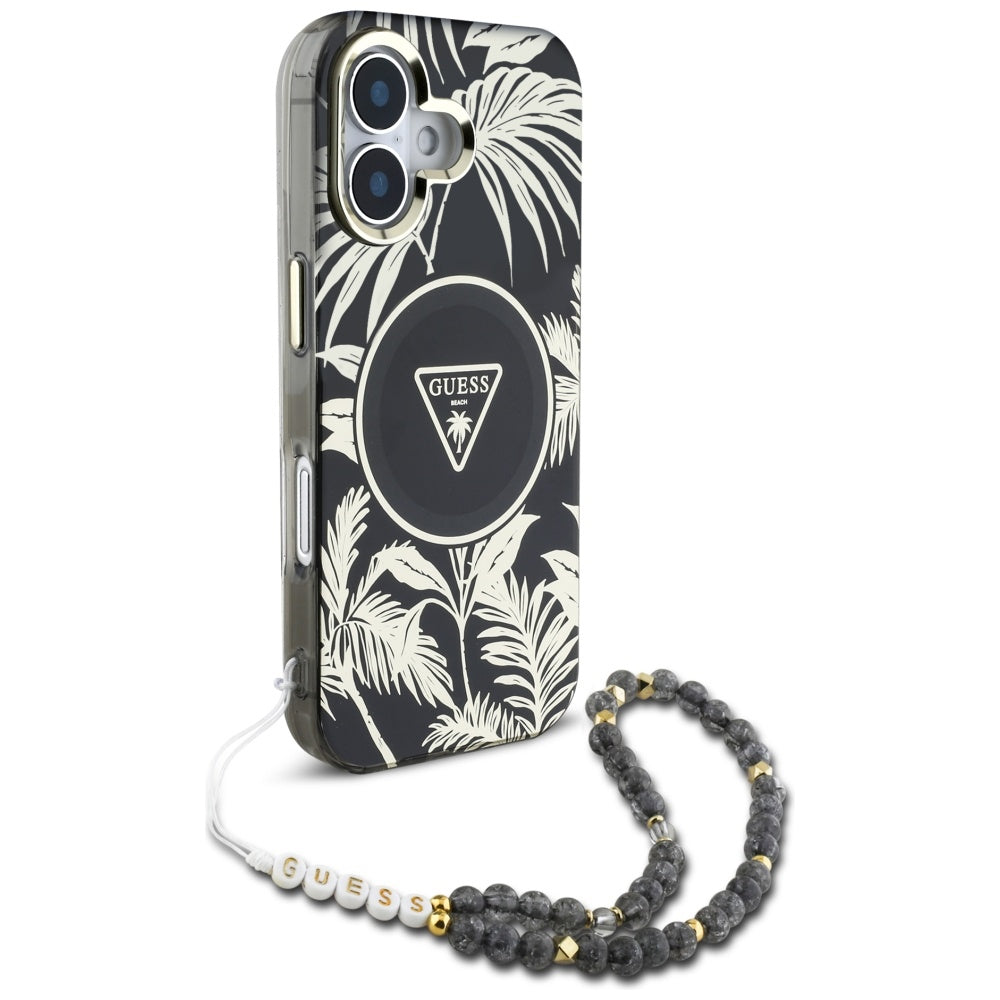 Θήκη MagSafe για Apple iPhone 16, Guess, IML Palm Trees Triangle με Pearl Strap, Μαύρη
