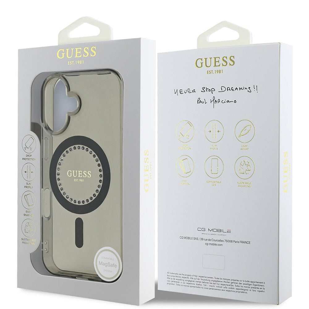 Θήκη MagSafe για Apple iPhone 16, Guess, IML Rhinestone, Μαύρη